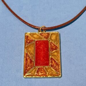 Mosaic Pendant Necklace Orange Multicolored 18" w/ Ext Waxed Cord Handmade
